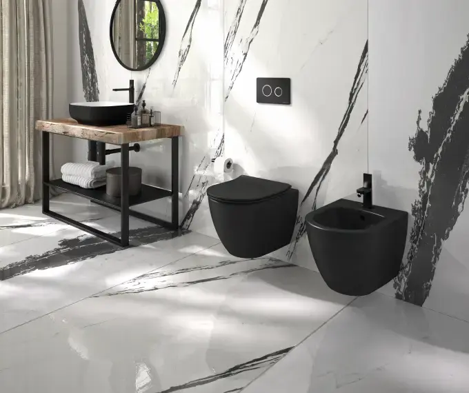 SANINDUSA Πακέτο Λεκάνη κρεμαστή Sanibold rimflush με κάλυμμα S/C Μαύρο ματ - Κρεμαστές  στο  frantzisoe.gr
